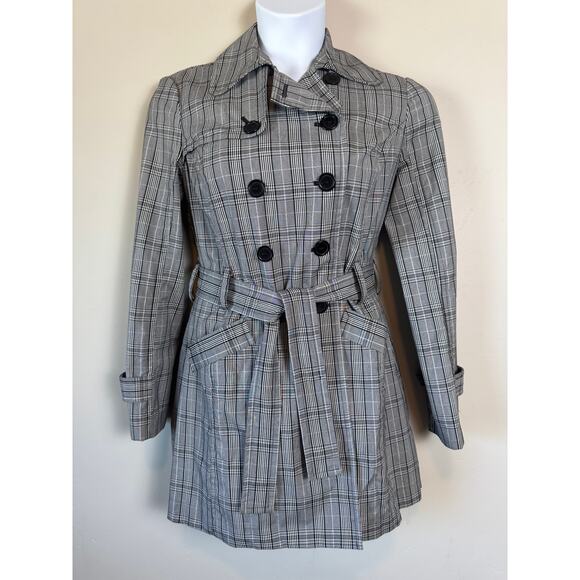 BCX Plaid Trench Coat L Black White Gray Belted Double Breasted Academia Y2K - Picture 2 of 14